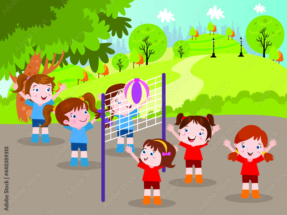 Volleyball vector concept. Two female volleyball team competing and playing together at field during summer day