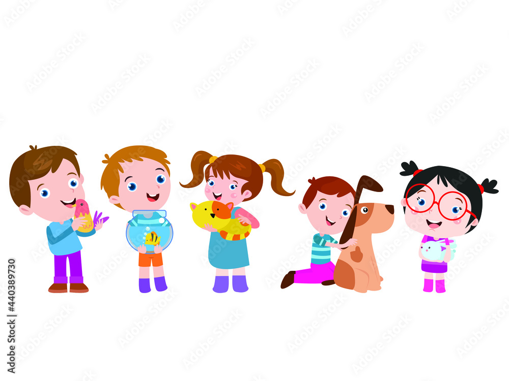 Group of happy kids holding their pets while standing together in the studio. Isolated on white background Group of happy kids holding their pets while standing together in the studio. Isolated on white background