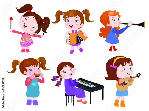 Kids musician vector concept. Group of teenage girls playing various music instrumental together