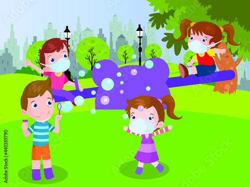 New normal lifestyle vector concept. Group of happy kids wearing face mask while playing in the playground during new normal lifestyle