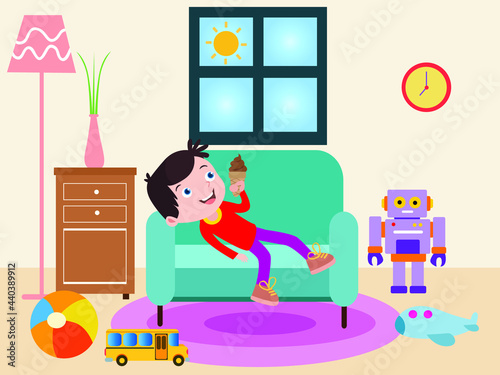 Summer vector concept. Happy little boy eating ice cream in the living room while lying on the sofa at summer time