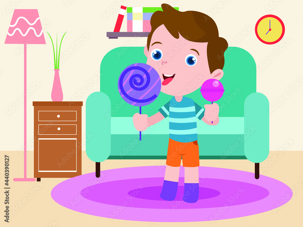 Unhealthy foods vector concept. Little boy eating candies while standing in the living room at home
