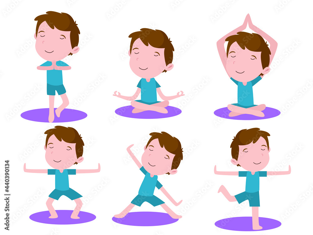 Yoga vector concept. Set of little boy characters doing exercise in different yoga poses Yoga vector concept. Set of little boy characters doing exercise in different yoga poses