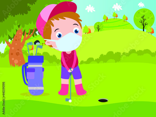 Sport vector concept. Little boy wearing face mask while playing golf in the course