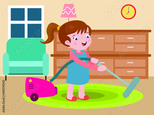 Housekeeping vector concept.Happy little girl cleaning carpet with vacuum cleaner at living room