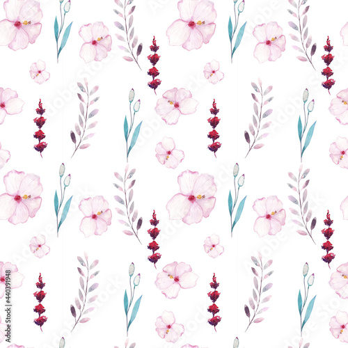 Seamless pattern from watercolor elements of flora on a white background. Seamless watercolor design with flowers and twigs