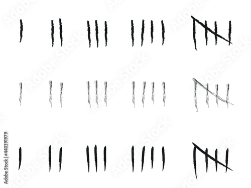 Editable Tally marks count or prison wall sticks lines counter. Logger hash marks icons of jail tally numbers counting in slash lines. Vector clipart. Isolated on white background.