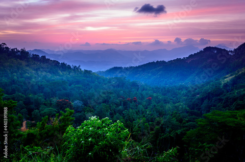 Mountain view from the top of Hunas Falls in Sri Lanka