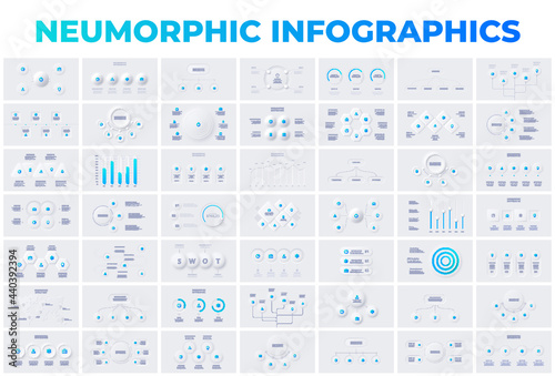 Huge bundle of infographic slides in neumorphic style. Business data visualization for presentation. Vector info graphic. Unique neumorphism ui ux design kit photo