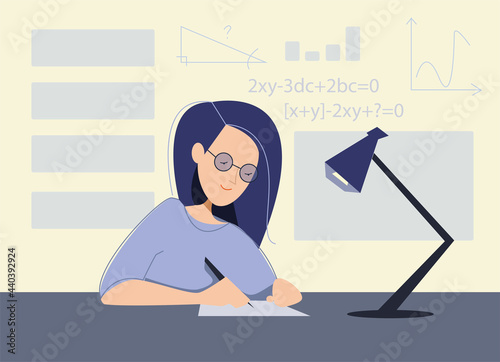 vector flat illustration of young woman studying. writing something. preparing for exams. passes exams
