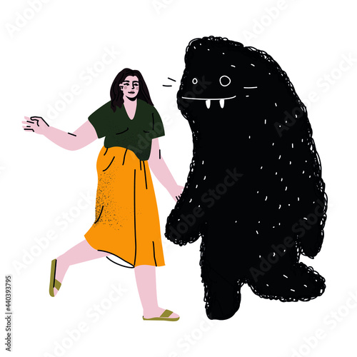 Girl admits her fears, accepts her mental state, beauty and the beast, psychological problem. Flat cartoon colorful vector illustration.