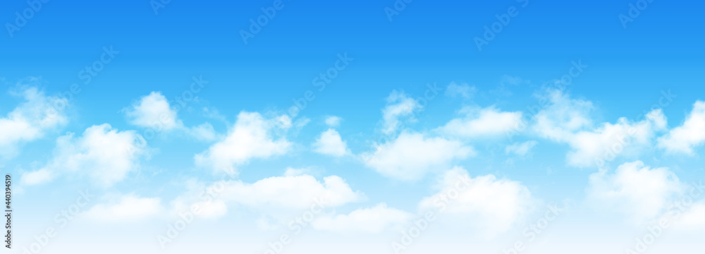 Sunny day background, blue sky with white cumulus clouds, natural summer or spring background with perfect hot day weather vector illustration.