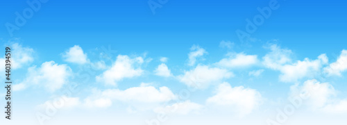 Sunny day background, blue sky with white cumulus clouds, natural summer or spring background with perfect hot day weather vector illustration.