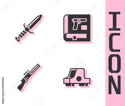 Set Collimator sight, Military knife, Hunting gun and Book with pistol icon. Vector