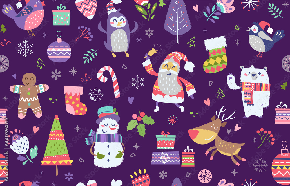Merry Christmas seamless pattern with cute flat characters in naive art style in purple background. Vector endless pattern with christmas holiday design. Wrapping paper design with santa claus Merry Christmas seamless pattern with cute flat characters in naive art style in purple background. Vector endless pattern with christmas holiday design. Wrapping paper design with santa claus