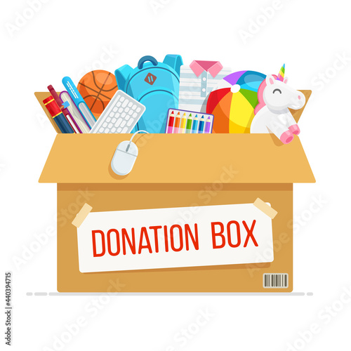 Cardboard Donation Box full of books, toys, clothes and things for children - flat vector illustration. Social care, help orphan children and support for poor kid. Volunteering and charity concept