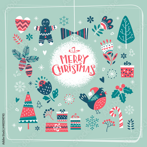 Cute Christmas Greeting card printable template with set of cartoon characters. Square shape Merry Christmas greetings design with sticker or badge set in naive art style