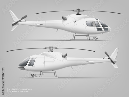 Realistic passenger Helicopter - vector Mockup template isolated on grey. White Eurocopter mockup for corporate brand identity and advertising on aviation transport. Passenger business transport