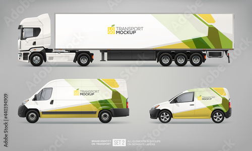 Branding Mockup Set of Truck Trailer, Cargo Van, Delivery Car vector template. Abstract green and white graphics design for transport Brand identity and Advertising. Set of delivery service Transport