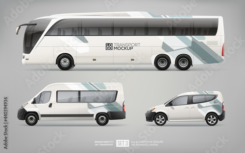 Transport Mockup of Coach Bus, Passenger Van and Commercial Car isolated on grey. Abstract graphics for Brand identity and Advertising. Set of Passenger transport. Branding mockup