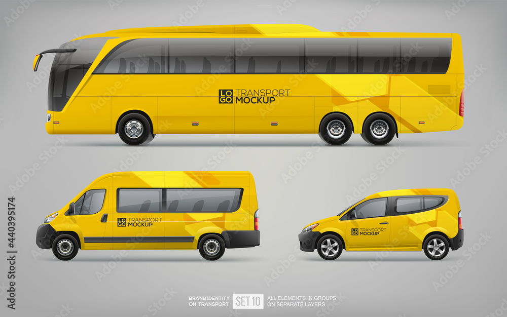 Mockup set  of yellow Coach Bus, Passenger Van and service Car isolated on grey. Abstract graphic elements for Brand identity and Advertising. Set of Passenger transport. Branding mockup