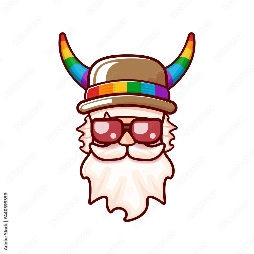Funky old gay with beard, summer sunglasses, and funny hat with LGBT rainbow horns isolated on white background. Gay pride icon, symbol or homosexual graphic label for printing on tee Funky old gay with beard, summer sunglasses, and funny hat with LGBT rainbow horns isolated on white background. Gay pride icon, symbol or homosexual graphic label for printing on tee