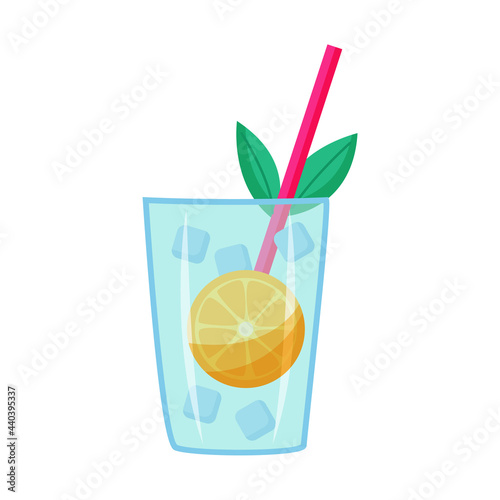 Cocktail with ice, orange and straw.