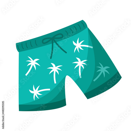 Green mens swim shorts with palm trees.