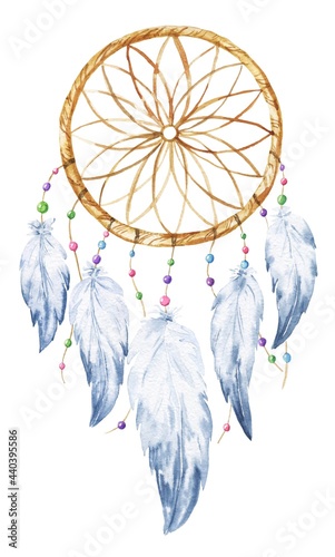 Watercolor dreamcatcher with feathers on white background. Watercolour boho style illustration. photo