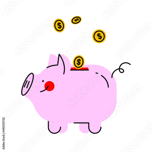 Budget or money saving concept with a piggy bank and falling coins. Icon for the outline style with a flat fill vector