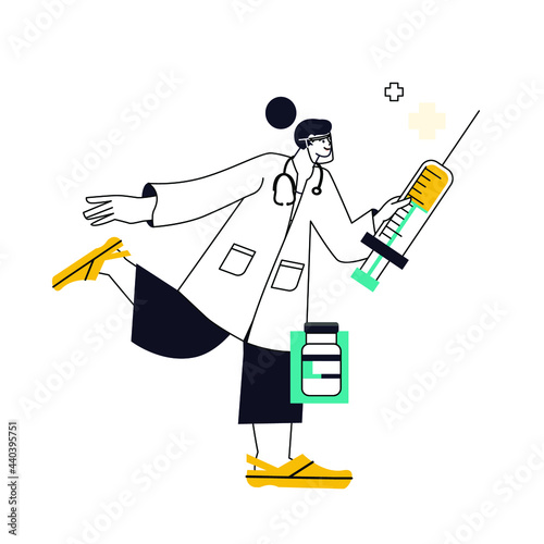 Coronavirus vaccination, doctor injecting a patient, getting first shot of covid vaccine in arm muscle. Medical doctor in protective suit and mask, process of immunization against covid, vector
