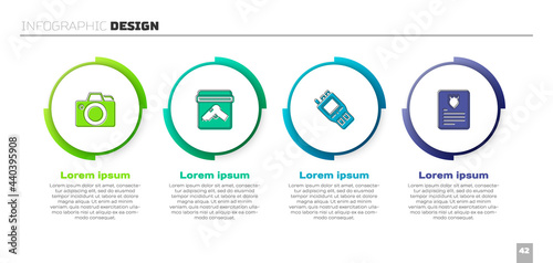 Set Photo camera, Evidence bag with gun, Walkie talkie and The arrest warrant. Business infographic template. Vector
