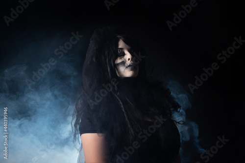Cadaver bride, portrait of a supernatural entity cadaver bride, artistic makeup, black background, Low Key portrait, selective focus.