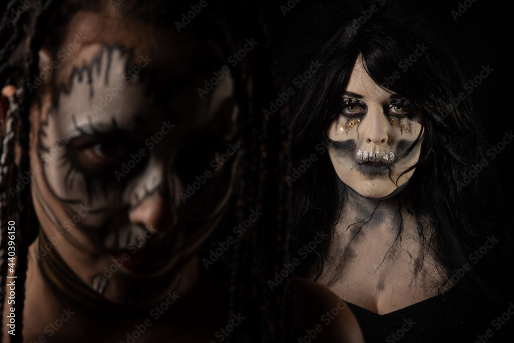 Supernatural entities, portrait of two supernatural entities, artistic makeup, black background, Low Key portrait, selective focus. Supernatural entities, portrait of two supernatural entities, artistic makeup, black background, Low Key portrait, selective focus.