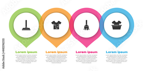 Set Rubber plunger, Dirty t-shirt, Feather broom and Basin with. Business infographic template. Vector