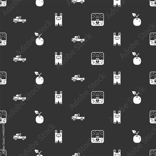 Set Automatic irrigation sprinklers, Apple, Pickup truck and Garden worker clothes on seamless pattern. Vector