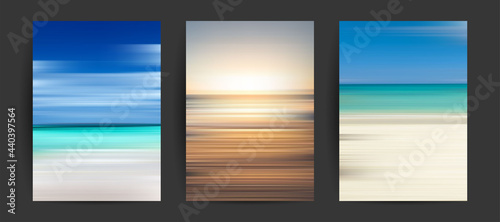 Summer backgrounds set. Creative gradients in summer colors. Ocean horizon, beach and sunsets. 