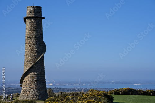 Beautiful bright horizontal view of Ballycorus lead mining and smelting chimney tower against clear blue sky, Ballycorus, Co. Dublin, Ireland. Copy space. High resolution