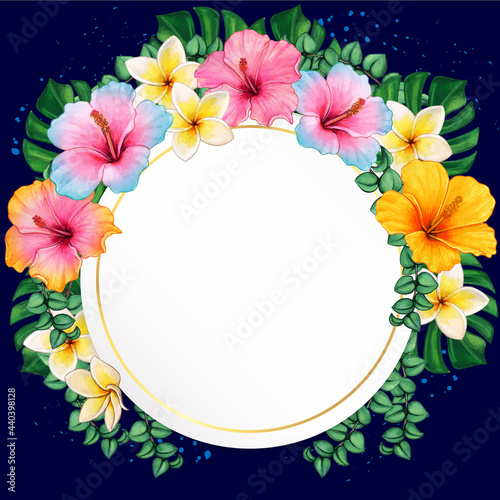 Watercolor hibiscus flowers and tropical leaves elegant frame