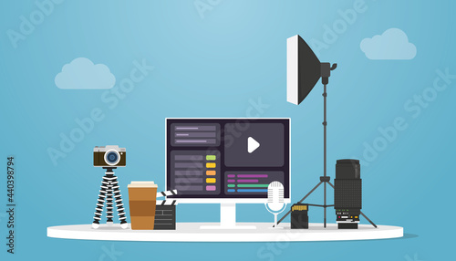 video production concept with camera and tools product with modern flat style photo