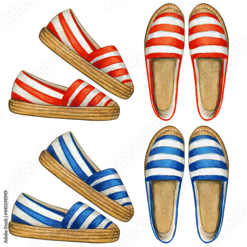 Watercolor striped red and blue espadrilles photo