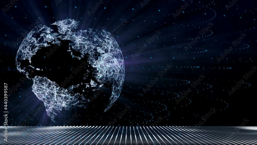 This is a stock animation graphic showing an orange digital projection of the planet Earth from which rays of light are emanating.