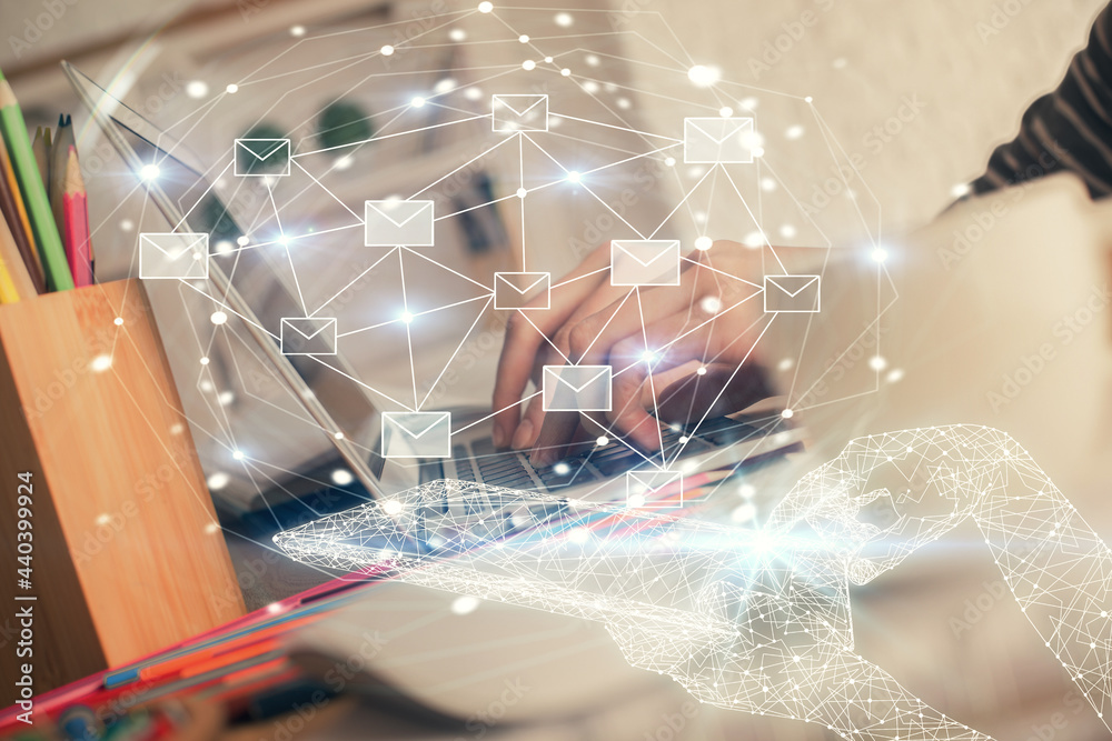 Double exposure of woman hands typing on computer and flying envelop drawing. E-Mail concept. Double exposure of woman hands typing on computer and flying envelop drawing. E-Mail concept.