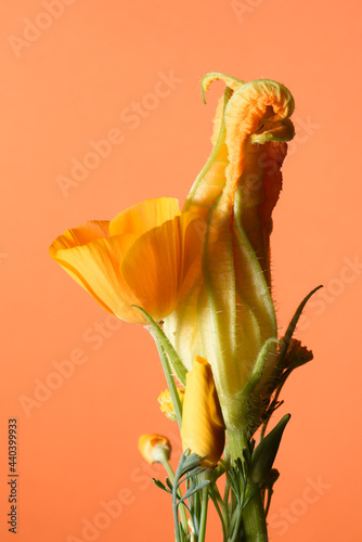  bouquet of wildflowers, yellow buds, top view, orange paper on the background.