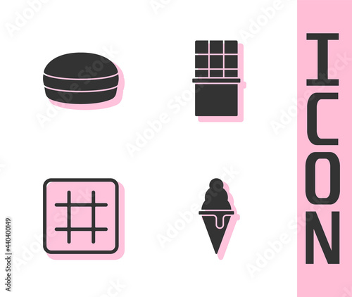 Set Ice cream in waffle cone, Macaron cookie, Waffle and Chocolate bar icon. Vector