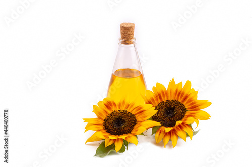 Sunflower and sunflower oil on the white background