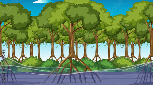 Nature scene with Mangrove forest at daytime in cartoon style