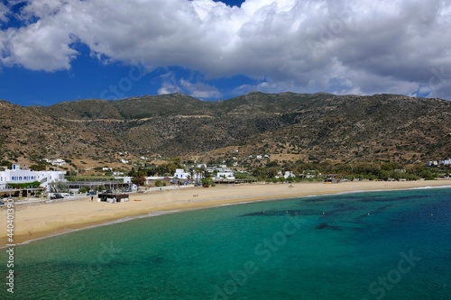 View of the popular and beautiful turquoise sandy  beach of Mylopotas in Ios cyclades Greece photo
