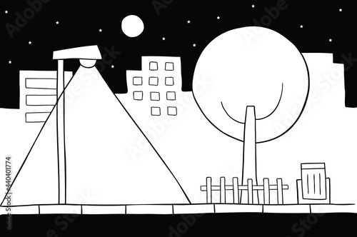 Cartoon vector illustration of city scene at night. Street lamp, tree, buildings, stars and full moon