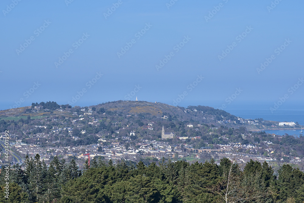 Beautiful bright view of Killiney Hill and part of South Dublin seen from Ballycorus Lead Mines on sunny day, Ballycorus, Co. Dublin, Ireland. High resolution